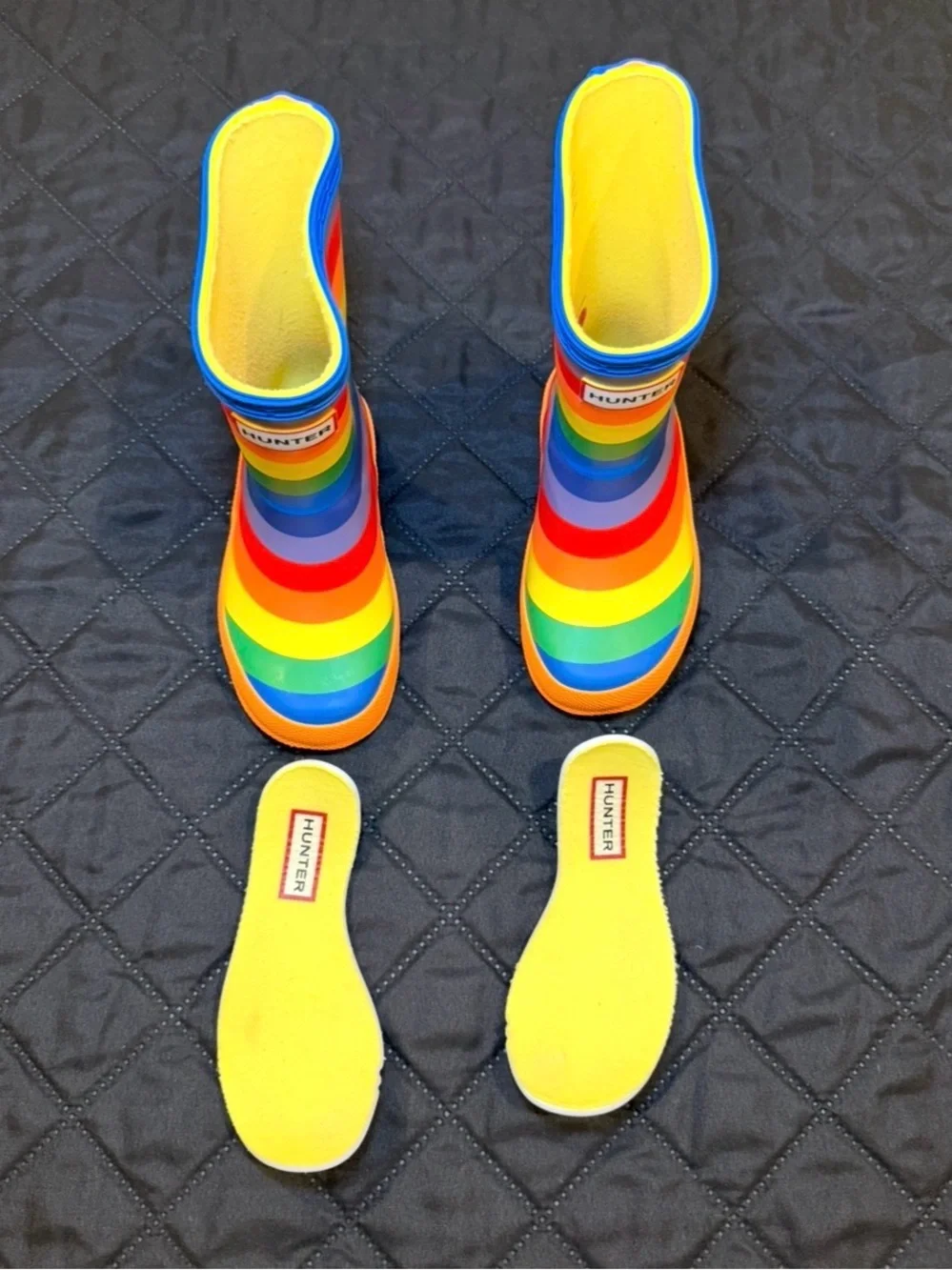 Hunter Kids Rainbow Striped Rain Boots with Yellow Lining
